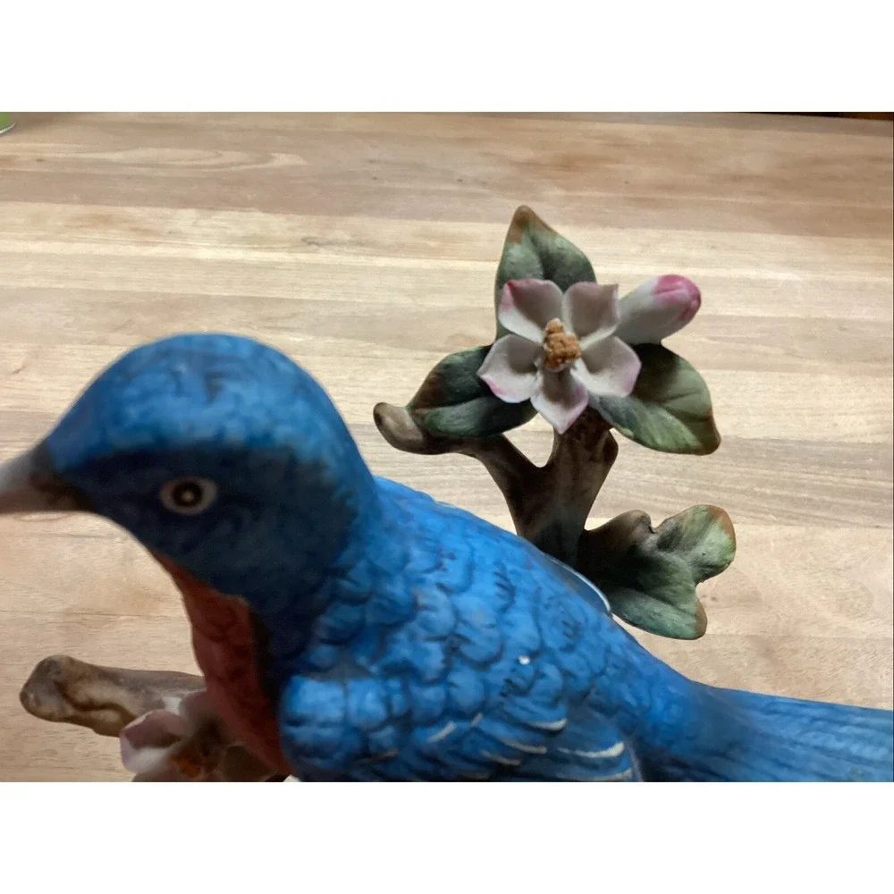 Vintage Porcelain Blue Jay On Branch Bird Figurine Decorative Plays Music
